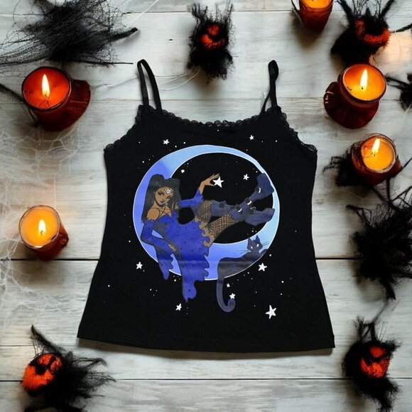 Grave Girls Witch Moon Tank – Black Lace Trim Spaghetti Strap Top | Deadstock S - Picture 1 of 7